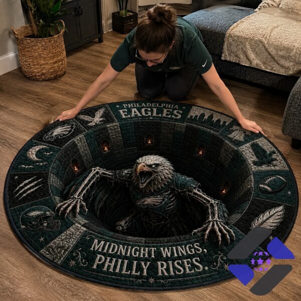 Philadelphia Eagles Midnight Wings Philly Rises Quilted Round Rug - close-up showing eagle and top left