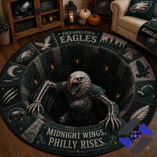 Philadelphia Eagles Midnight Wings Philly Rises Quilted Round Rug - full view in a dark-themed room