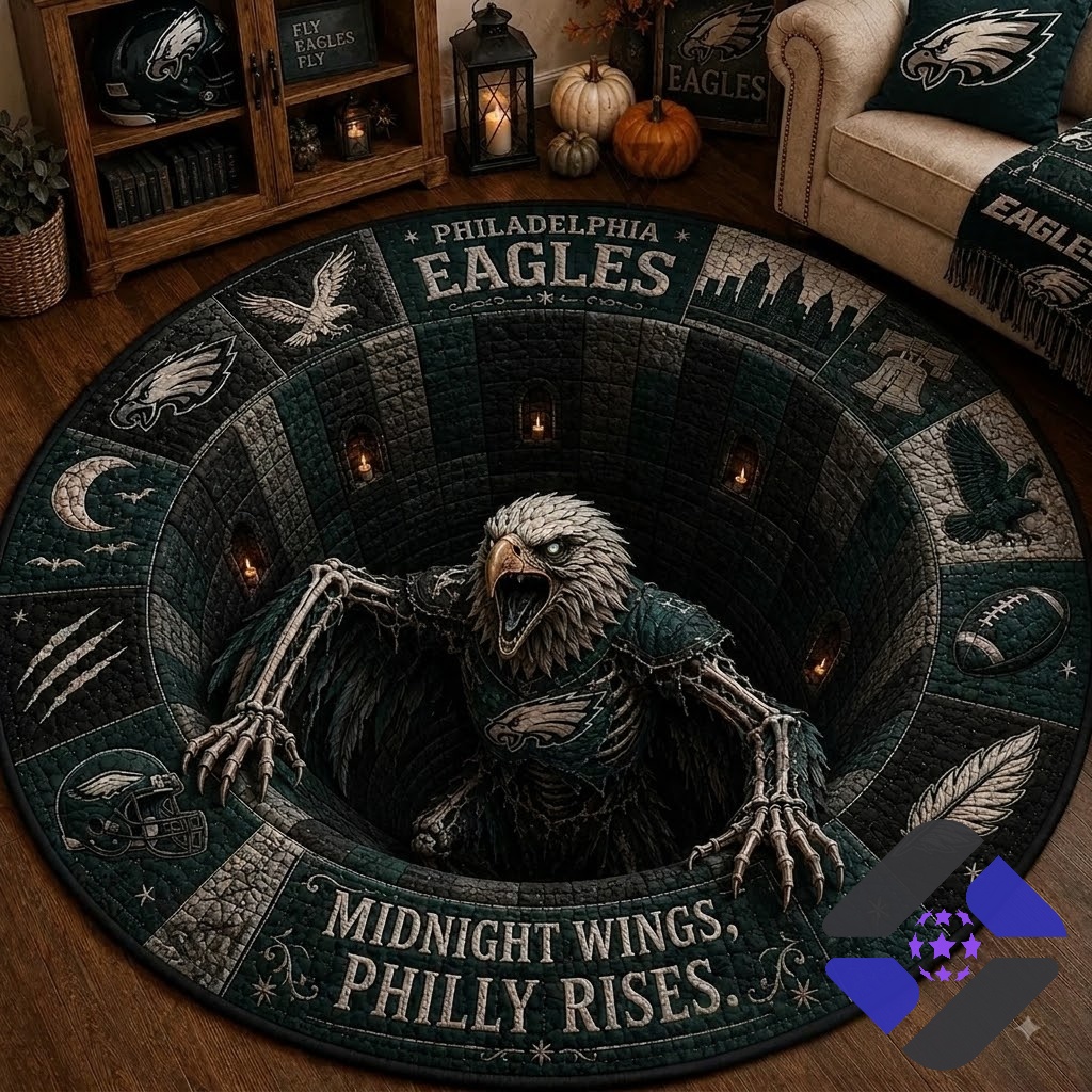 Philadelphia Eagles Midnight Wings Philly Rises Quilted Round Rug – Full view in a dark-themed Philadelphia Eagles Midnight Wings Philly Rises Quilted Round Rug - full view in a dark-themed room