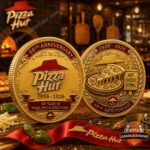 Pizza Hut 68th Anniversary Commemorative Coin - both gold coins displayed with ribbon