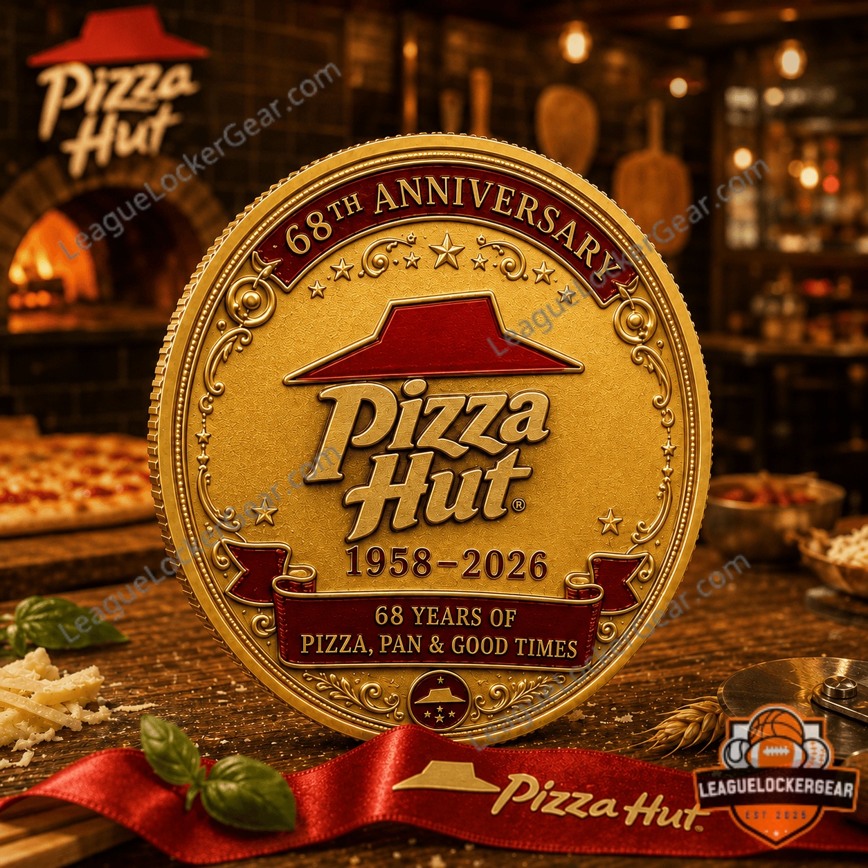 Pizza Hut 68th Anniversary Commemorative Coin - close-up of the left coin's upper details
