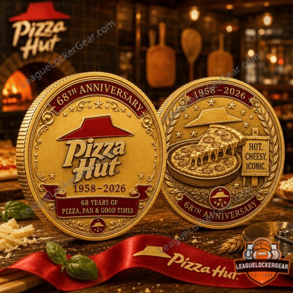 Pizza Hut 68th Anniversary Commemorative Coin - both gold coins displayed with ribbon