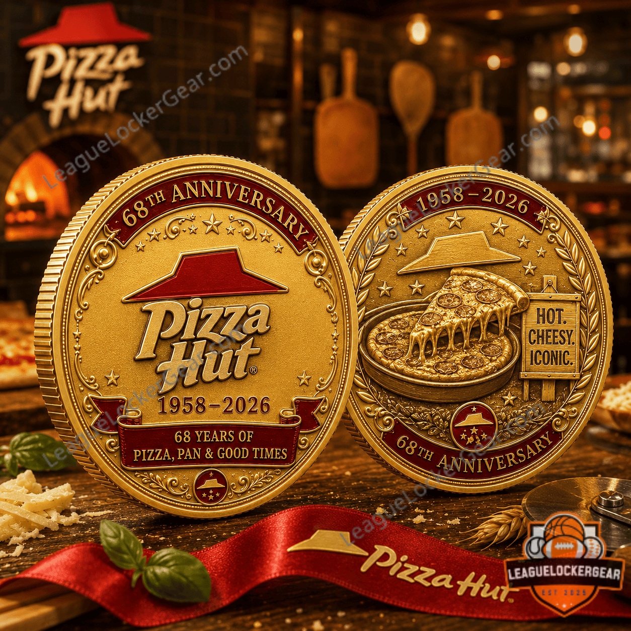 Pizza Hut 68th Anniversary Commemorative Coin - both gold coins displayed with ribbon