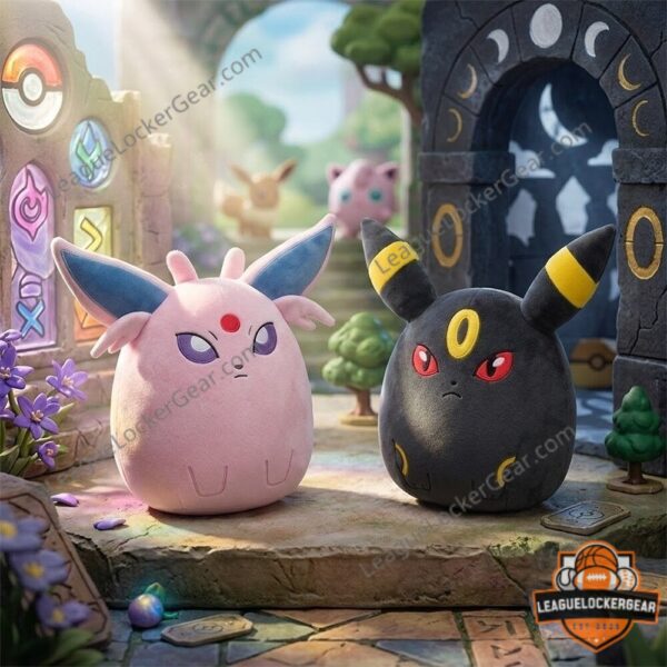 Pokemon Espeon Umbreon Squishmallows Plush Toy - full view in an ancient temple setting