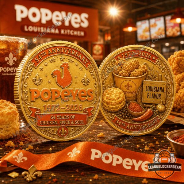 Popeyes 54th Anniversary 1972-2026 Commemorative Gold Coin - both sides displayed on a wooden surface