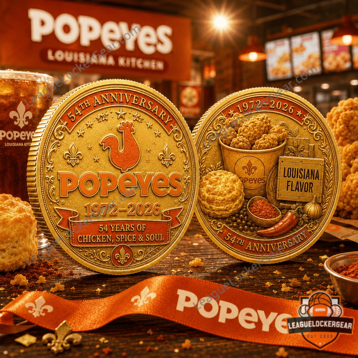 Popeyes 54th Anniversary 1972-2026 Commemorative Gold Coin - both sides displayed on a wooden surface
