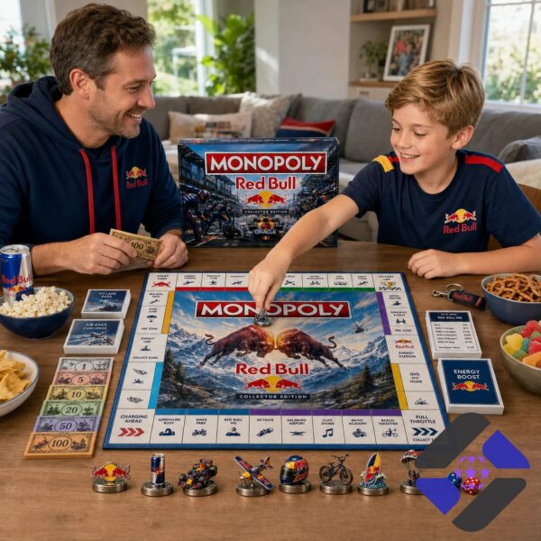 Red Bull Monopoly board game box, game board corner, and Pit Lane Pass cards