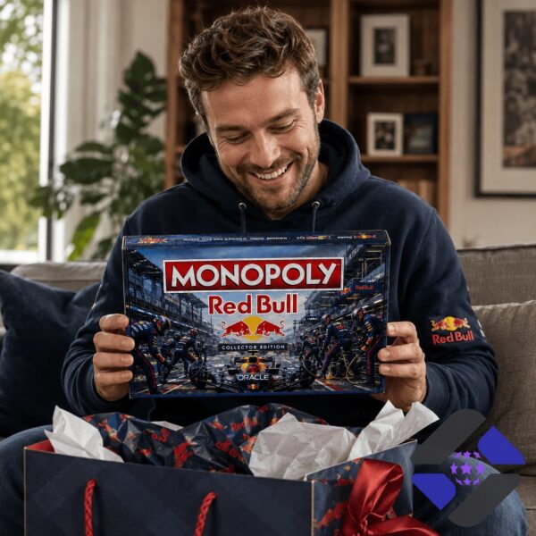 Red Bull Monopoly game board, box, Red Bull can, and Red Bull HQ title deed