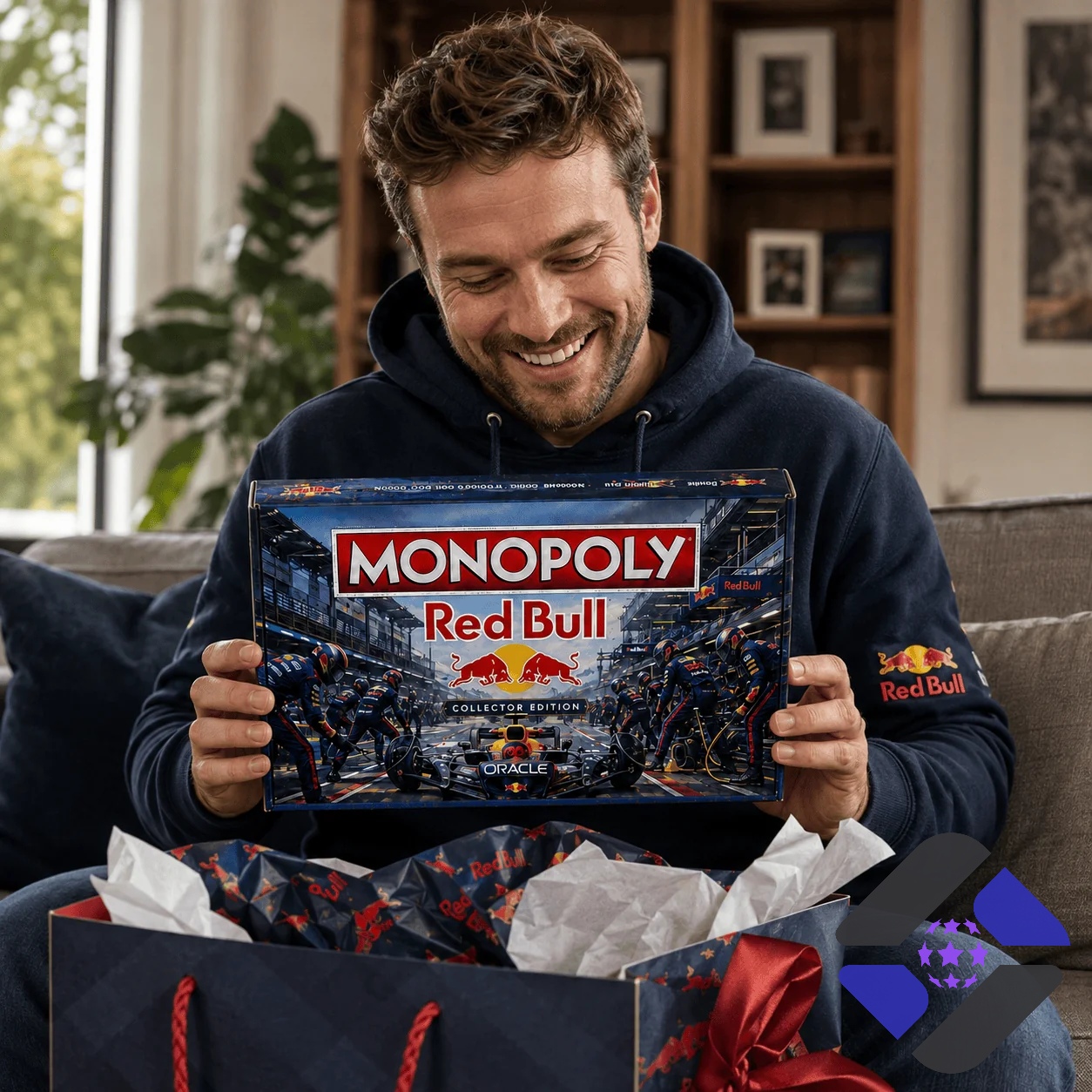 Red Bull Monopoly game board, box, Red Bull can, and Red Bull HQ title deed