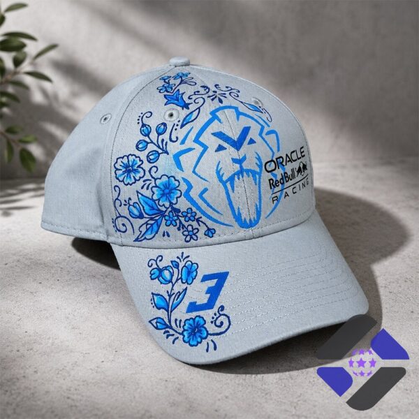 Close-up of Red Bull Racing Cap with blue lion and floral design