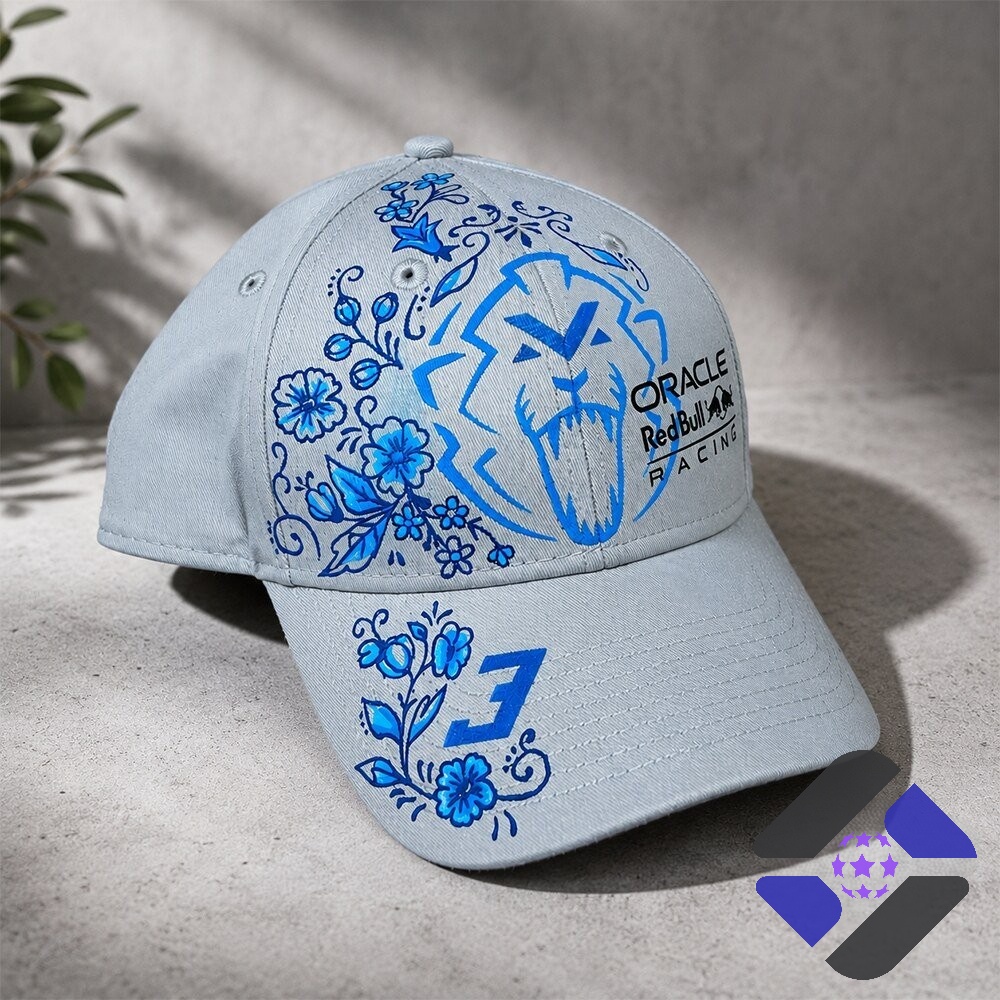 Close-up of Red Bull Racing Cap with blue lion and floral design