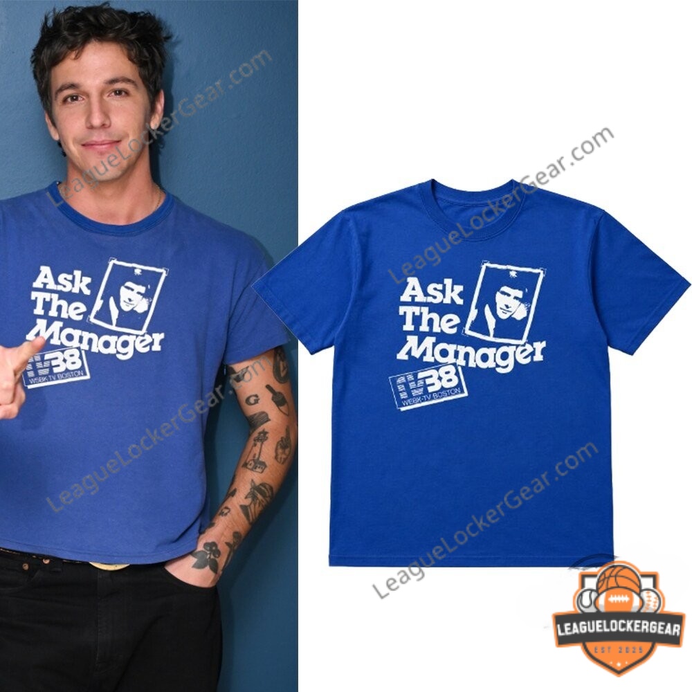 Role Model Ask The Manager The Tonight Show T-Shirt – Photo 1 Role Model Ask The Manager WBBK-TV Boston 38 T-Shirt worn by a man and a flat lay view