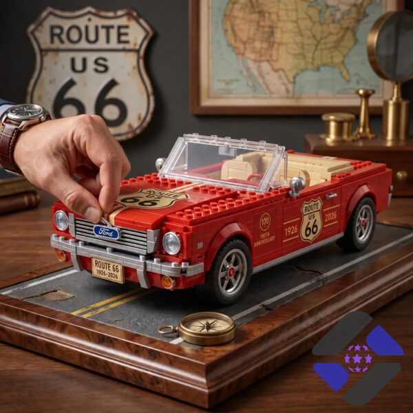Route 66 100th Anniversary Car Building Set - side view of car with gas pump background