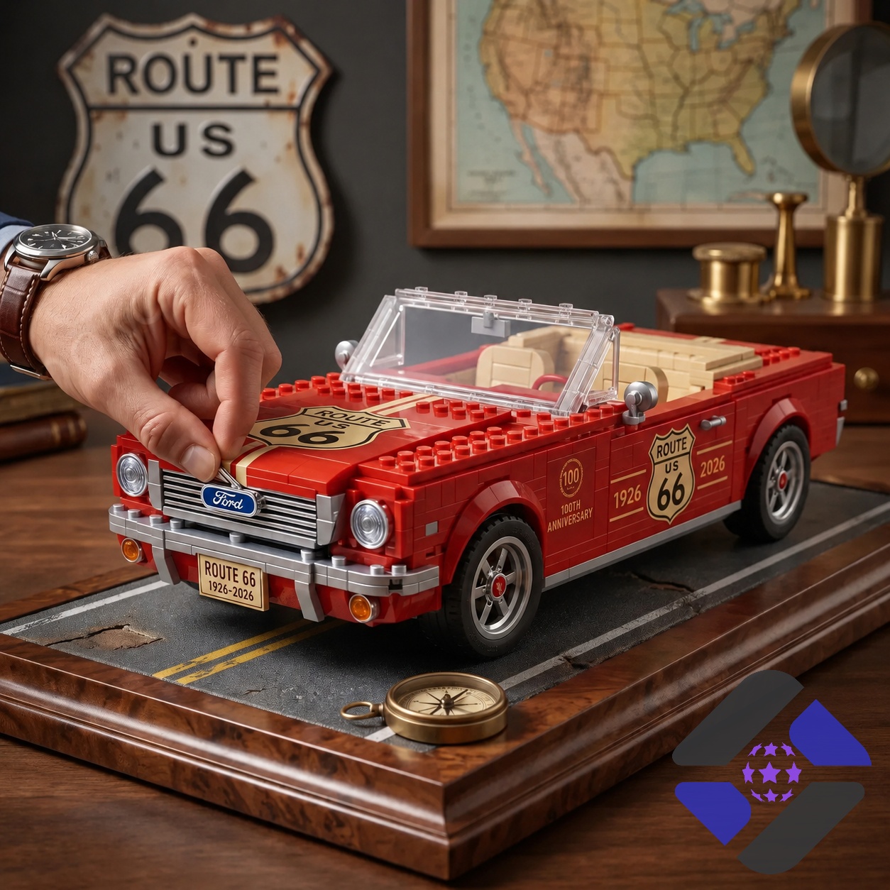 Route 66 100th Anniversary Car Building Set - side view of car with gas pump background