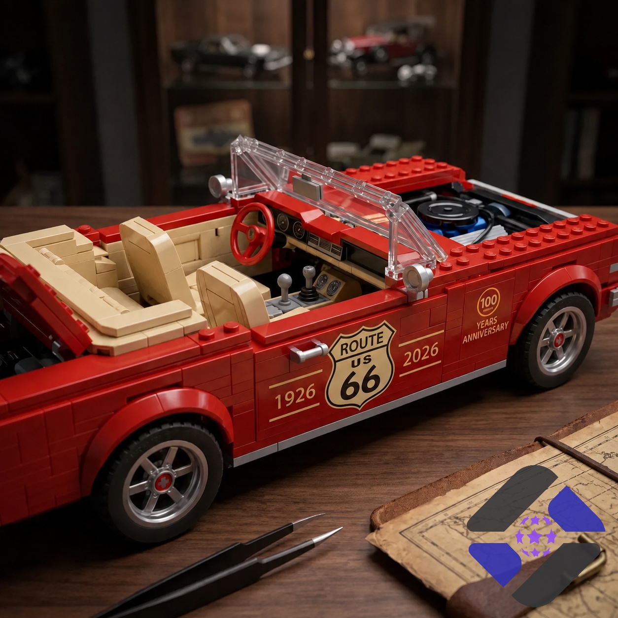 Route 66 100th Anniversary Car Building Set - side view of car with collector plaque