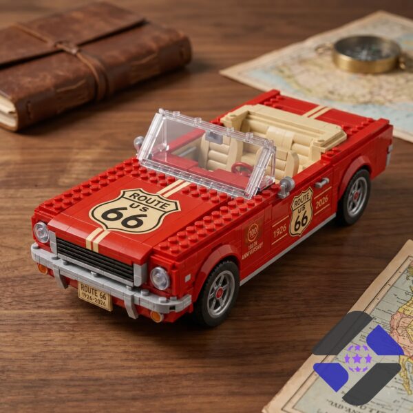 Route 66 100th Anniversary Car Building Set - front view of car with collector box