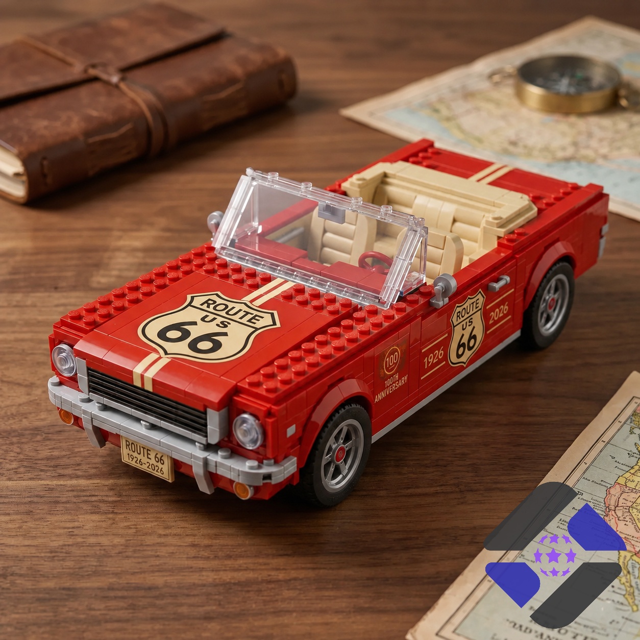 Route 66 100th Anniversary Car Building Set - front view of car with collector box