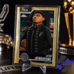 San Antonio Spurs Victor Wembanyama Minions Gru Superfractor Trading Card - full view on display stand