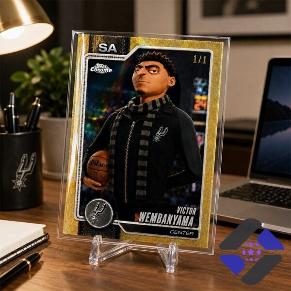 San Antonio Spurs Victor Wembanyama Minions Gru Superfractor Trading Card - angled view showing top right