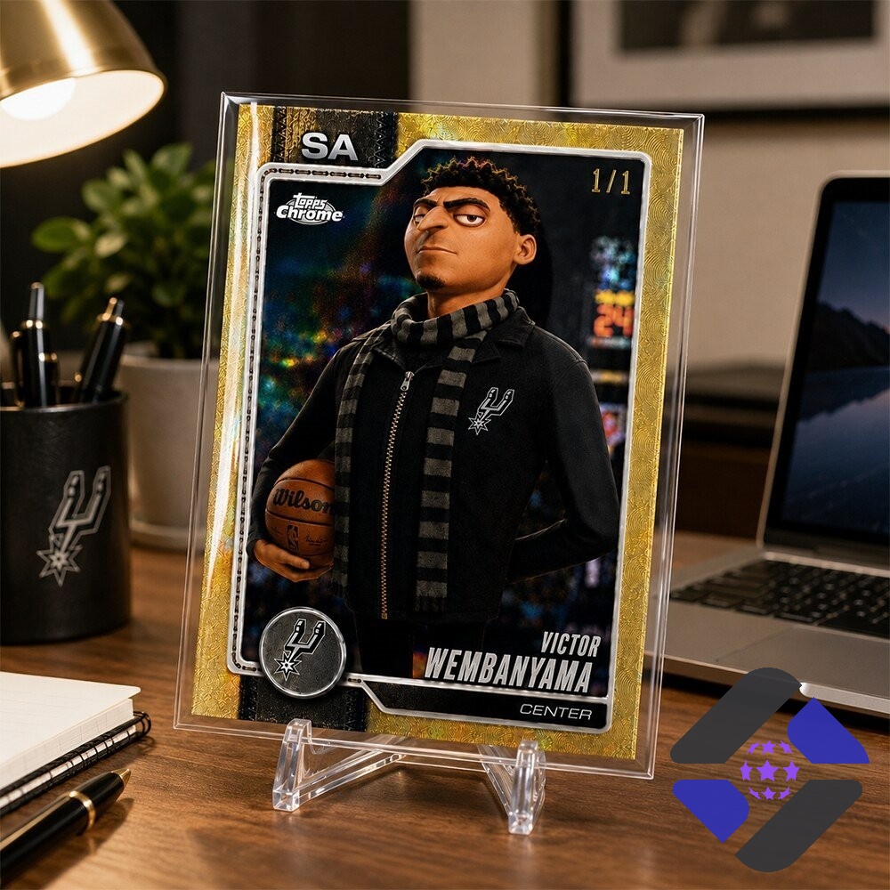 San Antonio Spurs Victor Wembanyama Minions Gru Superfractor Trading Card - angled view showing top right