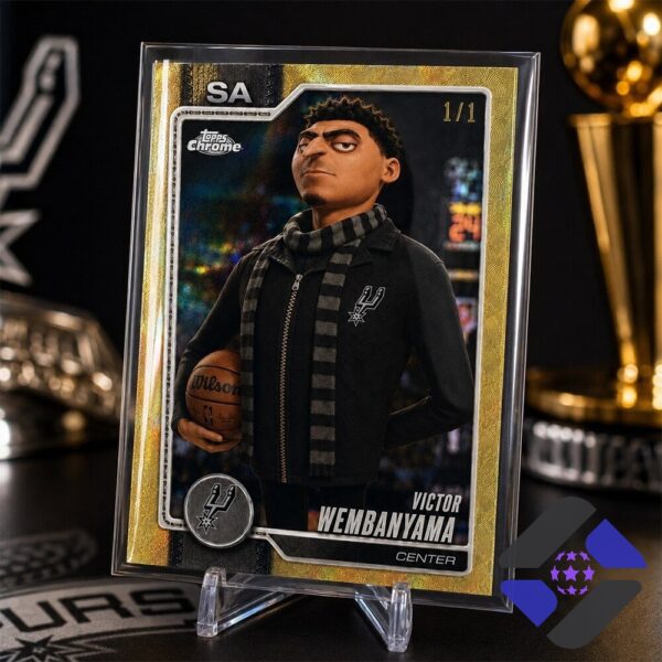 San Antonio Spurs Victor Wembanyama Minions Gru Superfractor Trading Card - full view on display stand