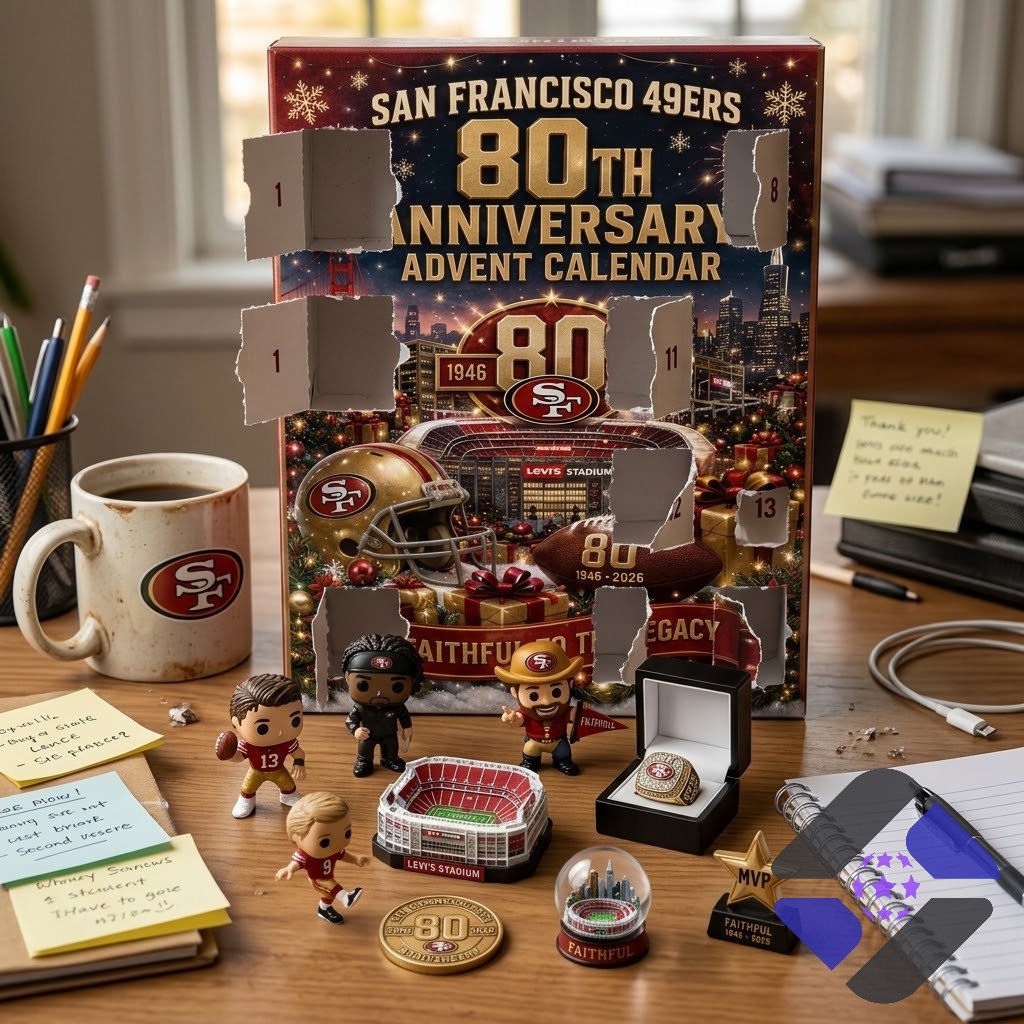 San Francisco 49ers 80th Anniversary Advent Calendar - bottom section of the calendar and assorted ornaments