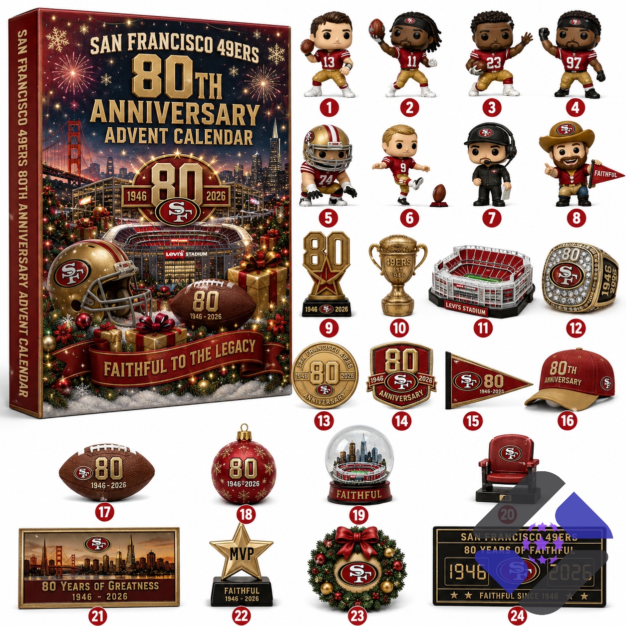 San Francisco 49ers 80th Anniversary Advent Calendar – Full view of the closed San Francisco 49ers 80th Anniversary Advent Calendar - full view of the closed calendar box