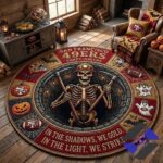 San Francisco 49ers Halloween Skeleton Miner Quilted Round Rug - full overhead view in a rustic room