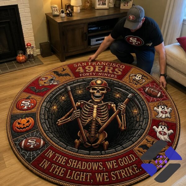 San Francisco 49ers Halloween Skeleton Miner Quilted Round Rug - close-up showing left half of the design