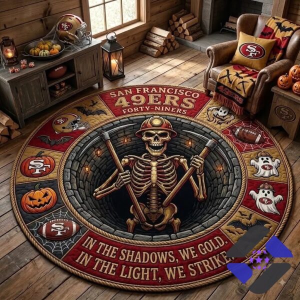 San Francisco 49ers Halloween Skeleton Miner Quilted Round Rug - full overhead view in a rustic room