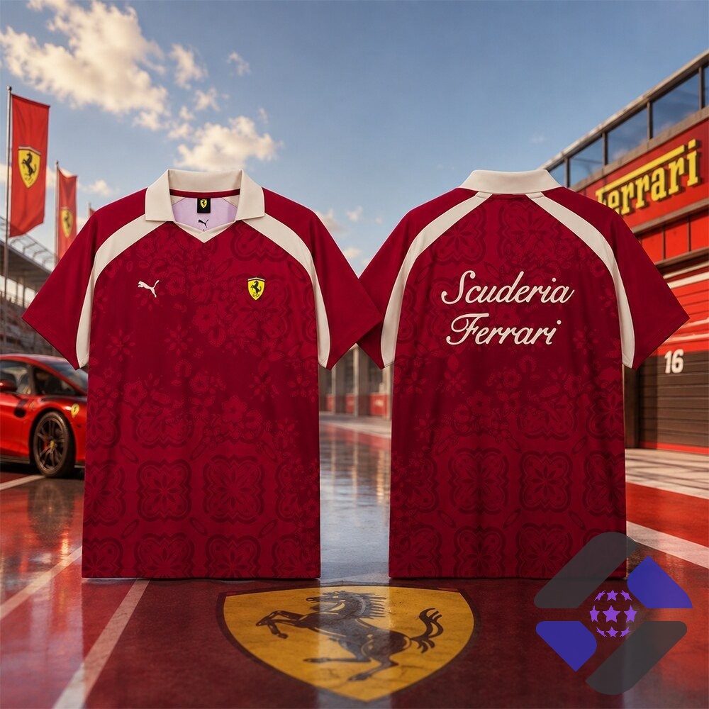 Scuderia Ferrari Singapore 2026 Edition Polo Shirt – Front and back views displayed Scuderia Ferrari Polo Shirt - front and back views displayed on a race track