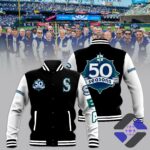 Seattle Mariners 50 Seasons Anniversary Jacket - front and back view with stadium background