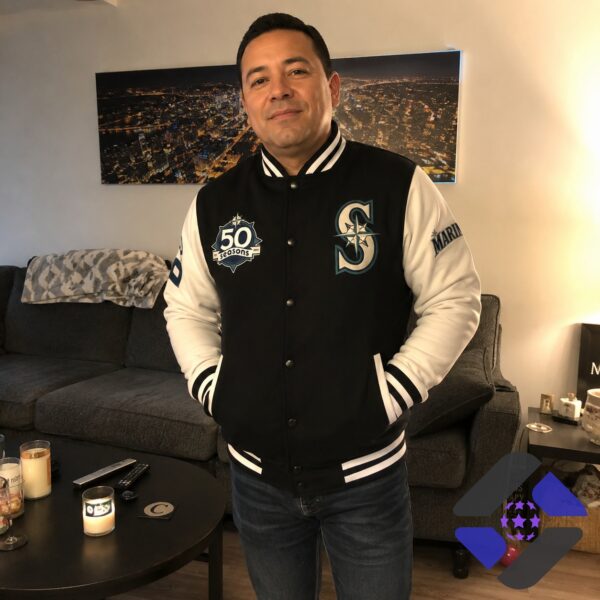 Seattle Mariners 50 Seasons Anniversary Jacket - group of men wearing jackets at a baseball stadium