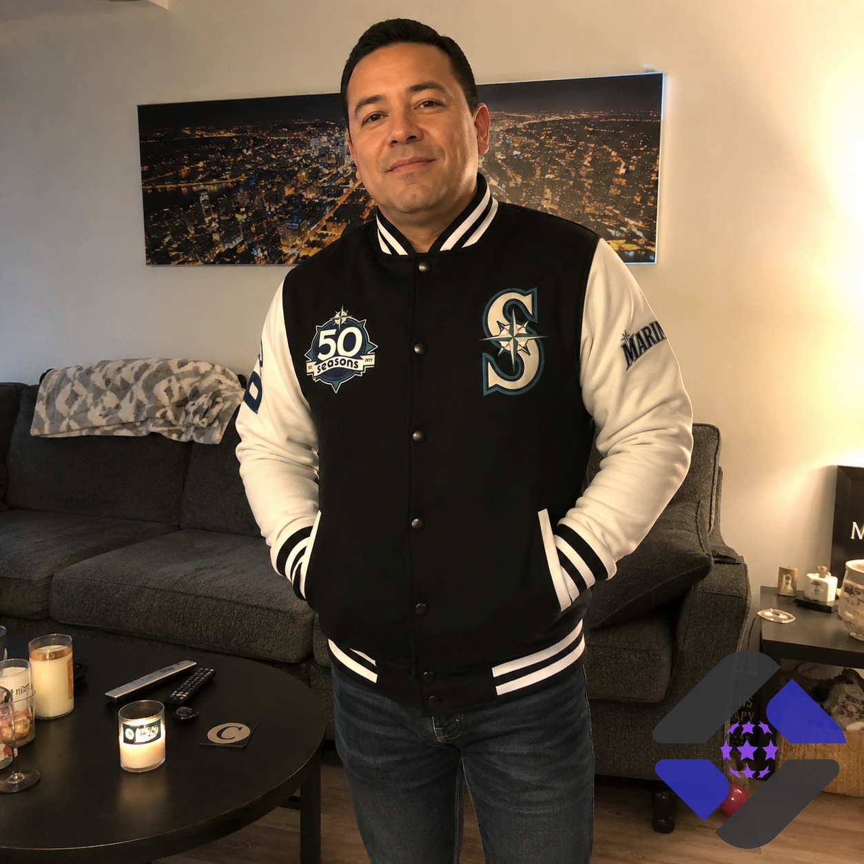 Seattle Mariners 50 Seasons Anniversary Jacket - group of men wearing jackets at a baseball stadium
