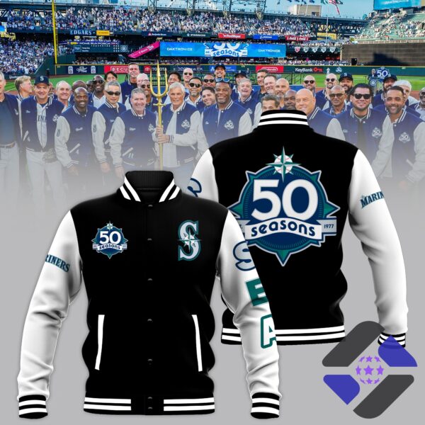 Seattle Mariners 50 Seasons Anniversary Jacket - front and back view with stadium background