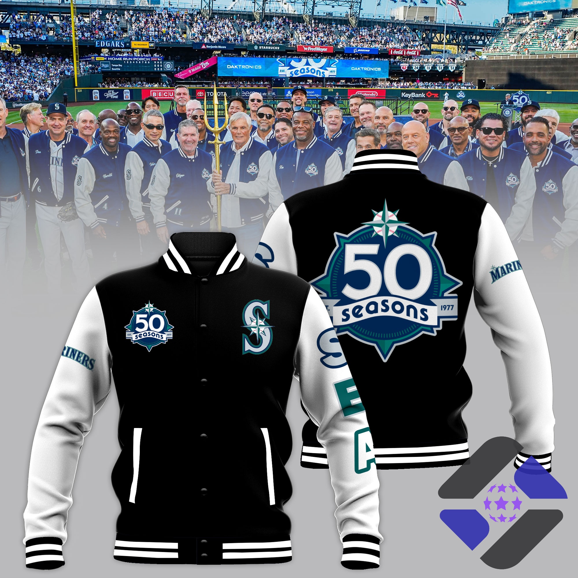 Seattle Mariners 50 Seasons Anniversary Jacket - front and back view with stadium background