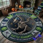 Seattle Seahawks Halloween Embrace The Halloween Battle Round Rug - full view in a cabin setting