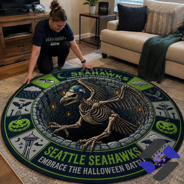 Seattle Seahawks Halloween Embrace The Halloween Battle Round Rug - close-up showing skeletal hawk