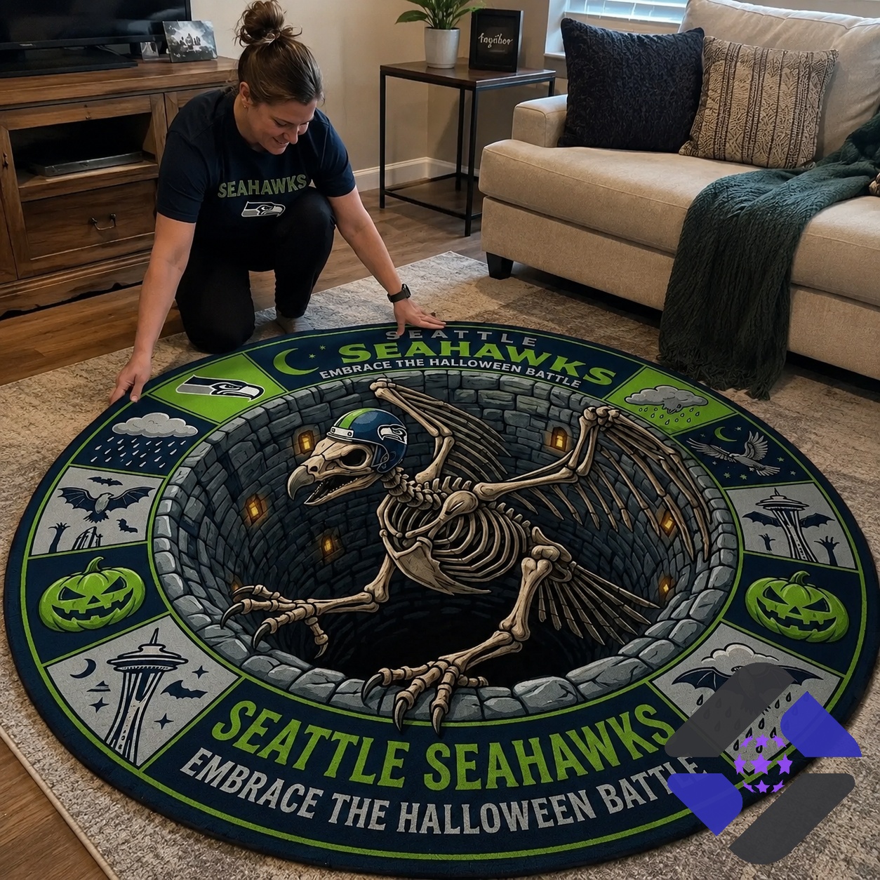 Seattle Seahawks Halloween Embrace The Halloween Battle Round Rug - close-up showing skeletal hawk
