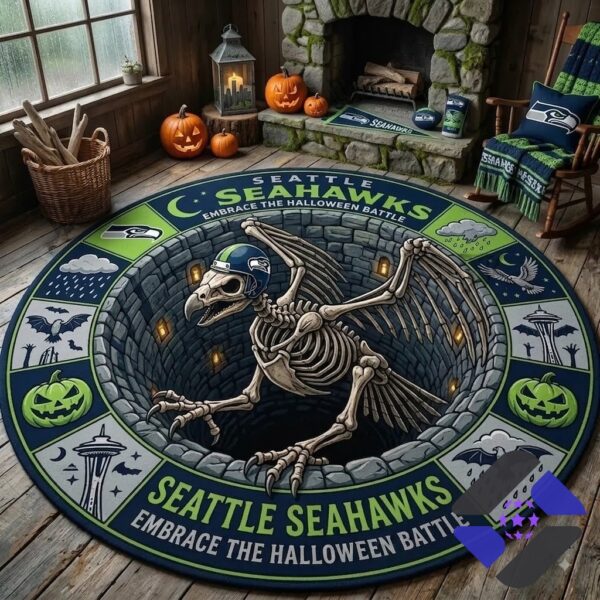 Seattle Seahawks Halloween Embrace The Halloween Battle Round Rug - full view in a cabin setting