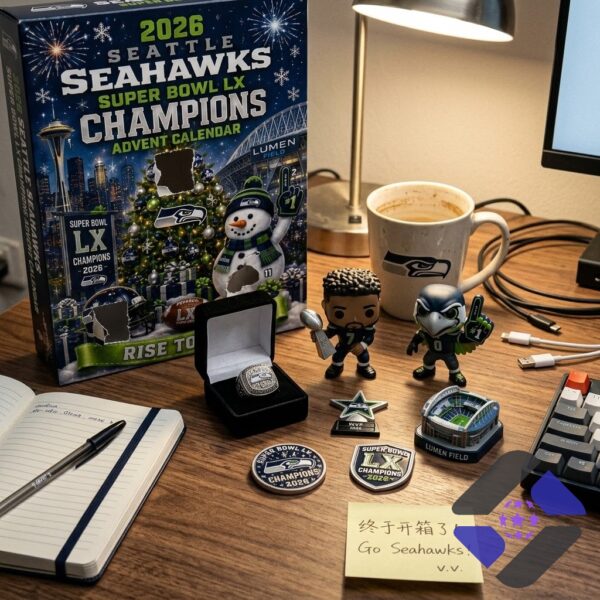 Seattle Seahawks Super Bowl LX Champions 2026 Advent Calendar with various collectibles
