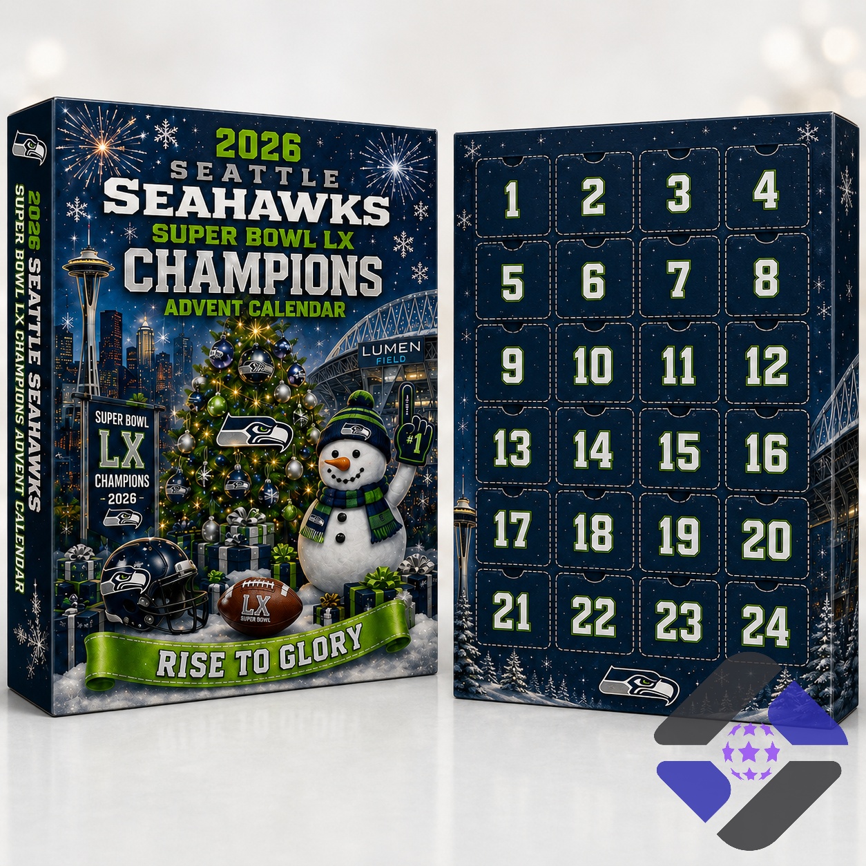 Close-up of Seattle Seahawks championship ring, cap, megaphone, and ornament