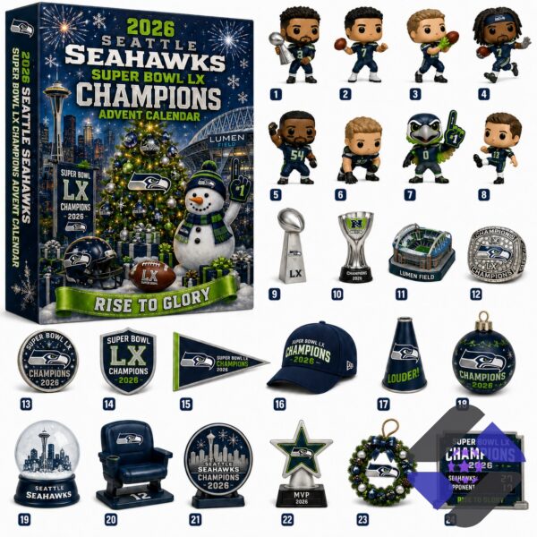 Seattle Seahawks Super Bowl LX Champions 2026 Advent Calendar box and four figures