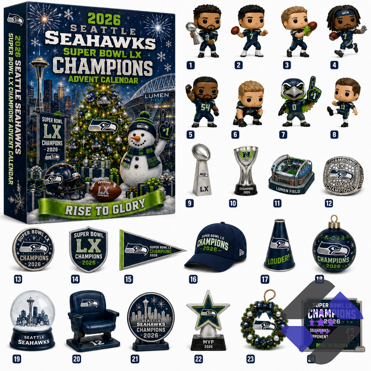 Seattle Seahawks Super Bowl LX Champions 2026 Advent Calendar box and four figures