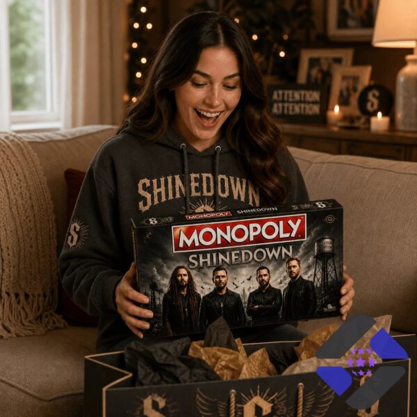 Shinedown 2026 Monopoly Board Game - close-up of box, collector tin, and game board