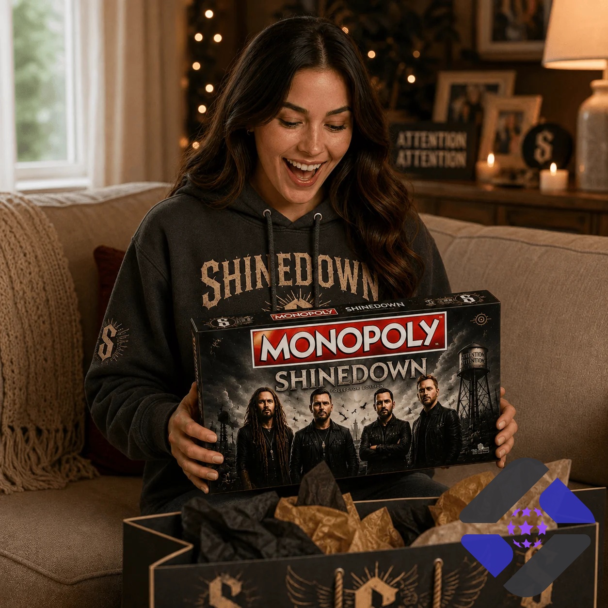 Shinedown 2026 Monopoly Board Game - close-up of box, collector tin, and game board