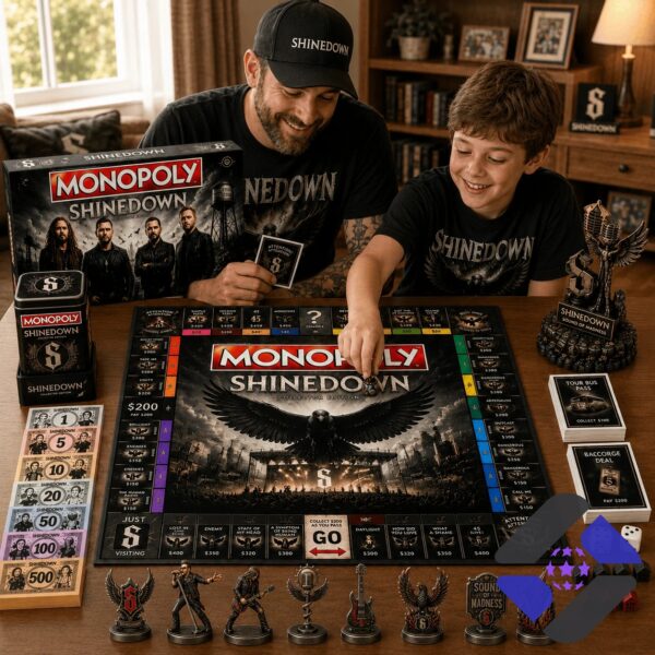 Shinedown 2026 Monopoly Board Game - close-up of box, custom statue, and game cards