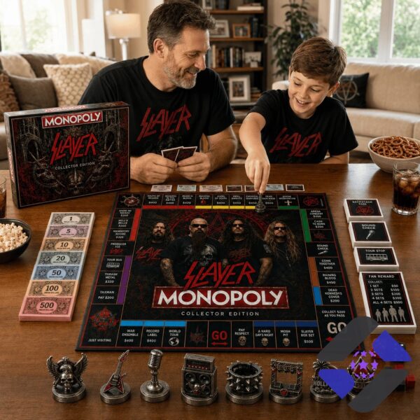 Slayer 2026 Monopoly Board Game - close-up of game board, cards, and decorative Marshall amplifier