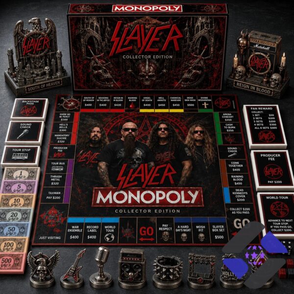Slayer 2026 Monopoly Board Game - complete set with board, box, money, and tokens displayed