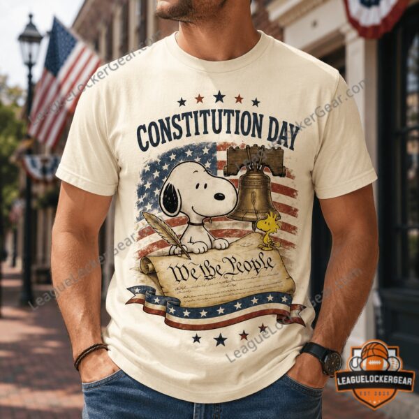 Snoopy Constitution Day September 17 T-Shirt - front design with Snoopy, Liberty Bell, and American flag